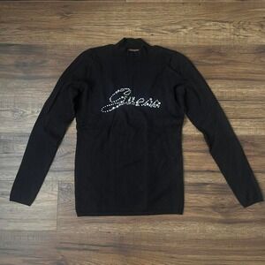 Y2K Guess Rhinestone Logo Sweater Black Mock Neck Knit‎ 2000s Baddie Women M